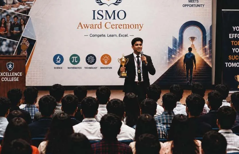 Students on stage at the ISMO award ceremony — Compete. Learn. Excel.