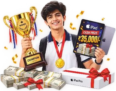 A student holding the ISMO champion trophy and the iPad / ₹35,000 cash prize